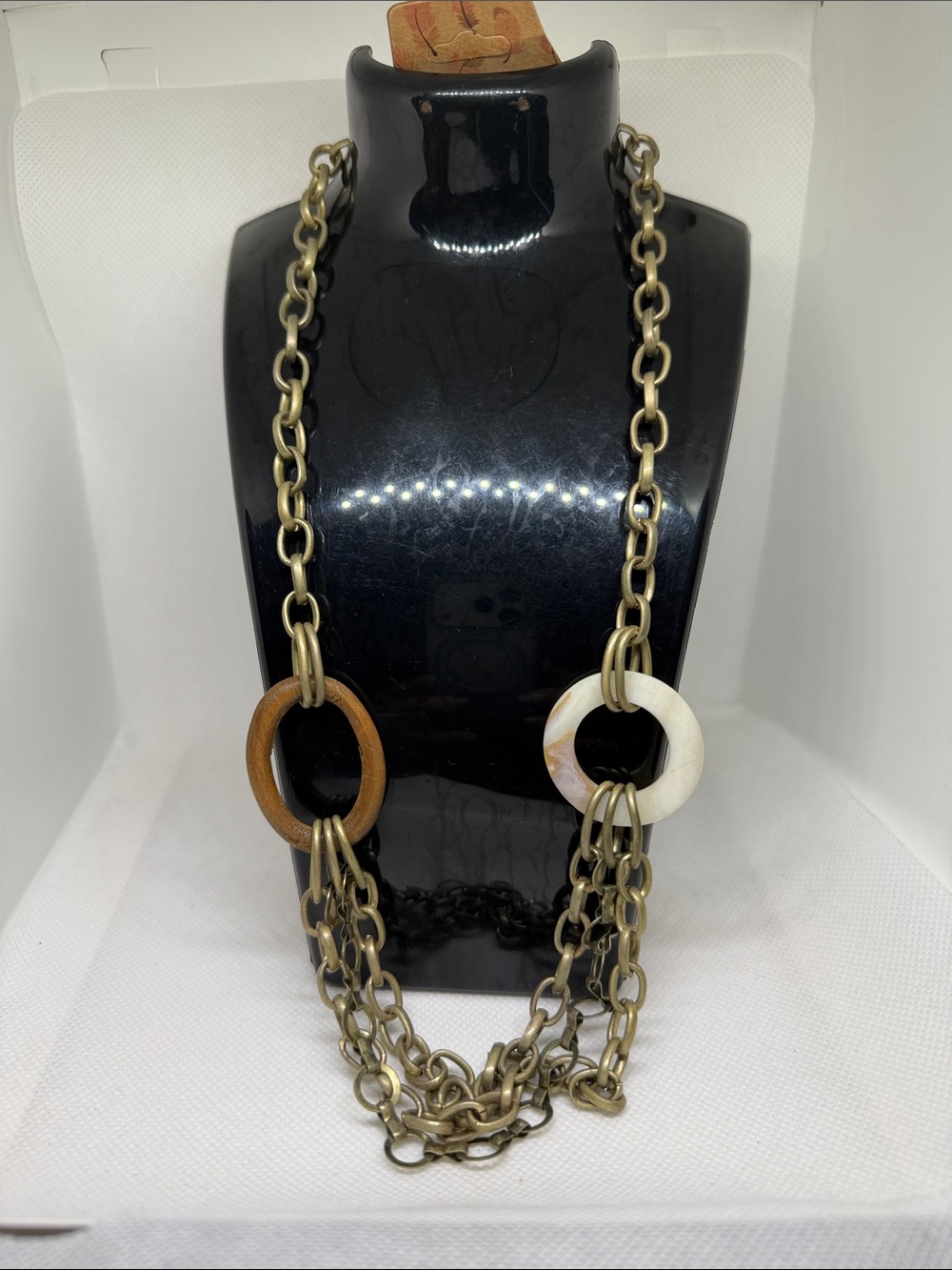 Long Multi-Chain Necklace with Brown and Cream Rings